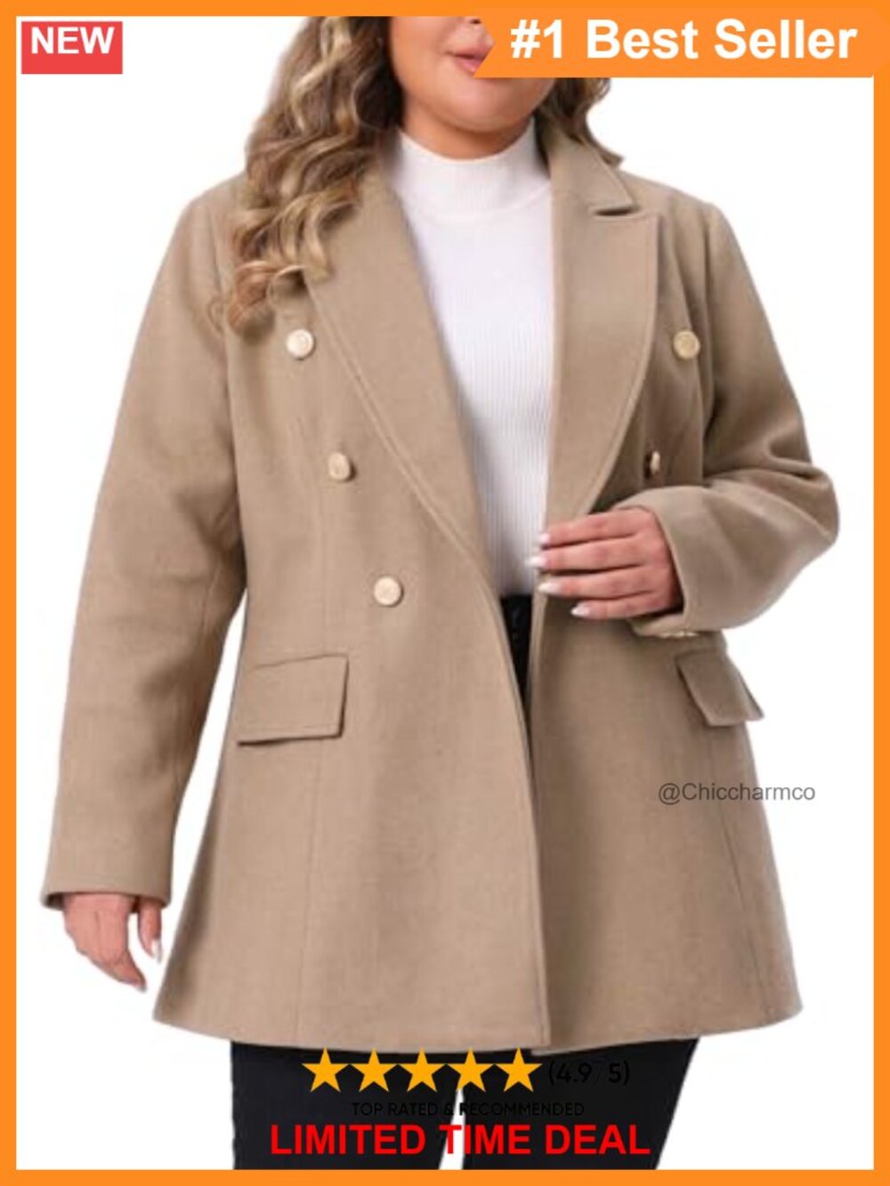 Plus Size Winter Peacoat Double-Breasted Notched Lapel Mid-Length
